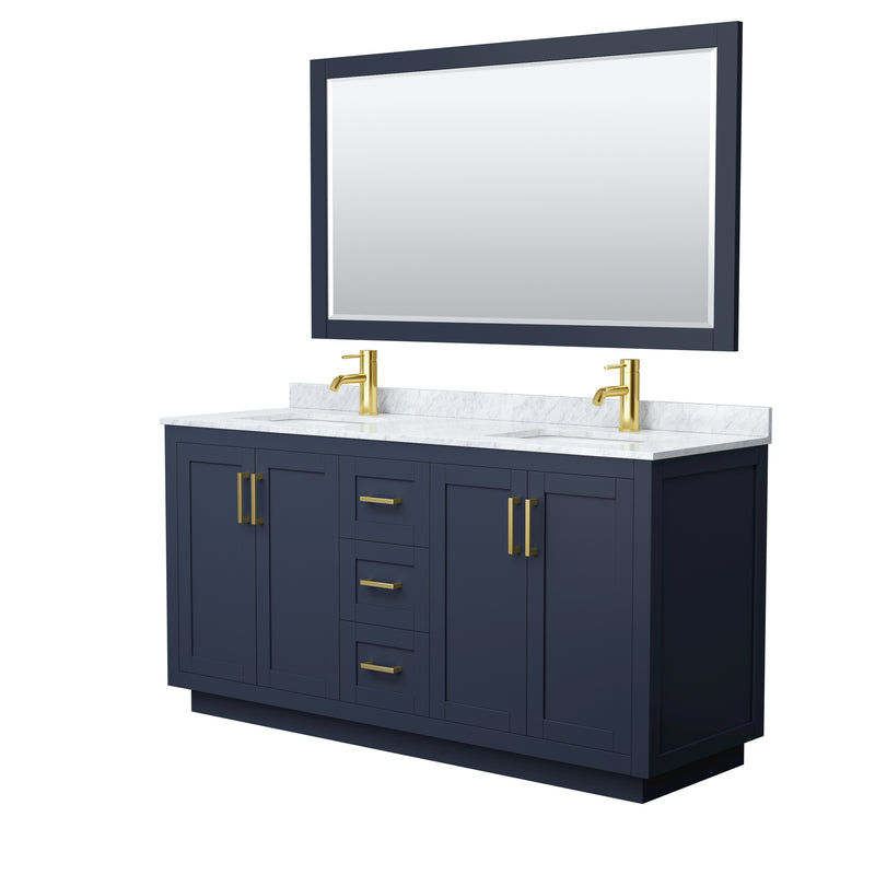 Wyndham Miranda 66" Double Bathroom Vanity In Dark Blue White Carrara Marble Countertop Undermount Square Sinks Brushed Gold Trim 58" Mirror WCF292966DBLCMUNSM58