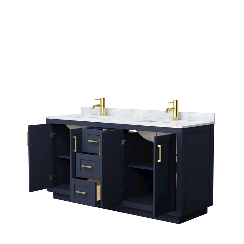 Wyndham Miranda 66" Double Bathroom Vanity In Dark Blue White Carrara Marble Countertop Undermount Square Sinks Brushed Gold Trim WCF292966DBLCMUNSMXX