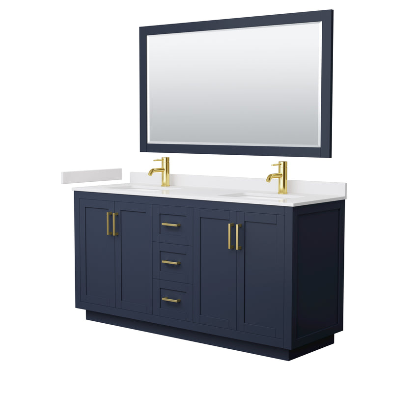 Wyndham Miranda 66" Double Bathroom Vanity In Dark Blue White Cultured Marble Countertop Undermount Square Sinks Brushed Gold Trim 58" Mirror WCF292966DBLWCUNSM58