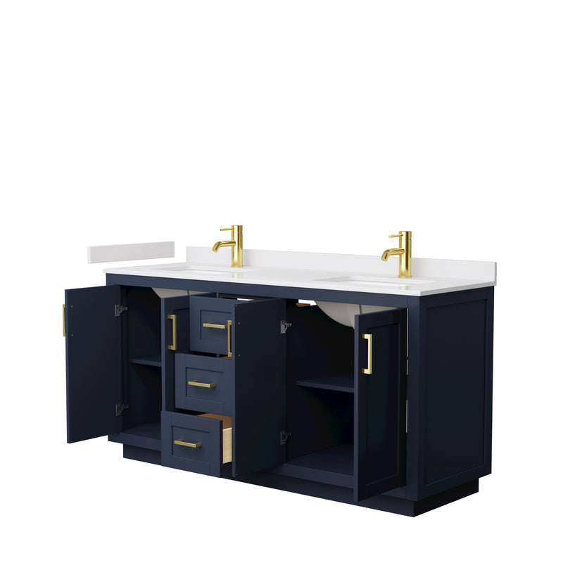 Wyndham Miranda 66" Double Bathroom Vanity In Dark Blue White Cultured Marble Countertop Undermount Square Sinks Brushed Gold Trim WCF292966DBLWCUNSMXX