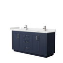 Wyndham Miranda 66" Double Bathroom Vanity In Dark Blue Light-Vein Carrara Cultured Marble Countertop Undermount Square Sinks Brushed Nickel Trim WCF292966DBNC2UNSMXX