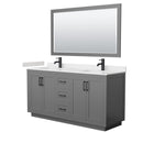 Wyndham Miranda 66" Double Bathroom Vanity In Dark Gray Light-Vein Carrara Cultured Marble Countertop Undermount Square Sinks Matte Black Trim 58" Mirror WCF292966DGBC2UNSM58