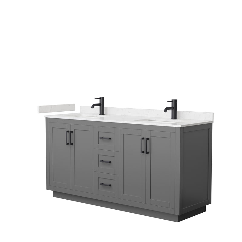 Wyndham Miranda 66" Double Bathroom Vanity In Dark Gray Light-Vein Carrara Cultured Marble Countertop Undermount Square Sinks Matte Black Trim WCF292966DGBC2UNSMXX