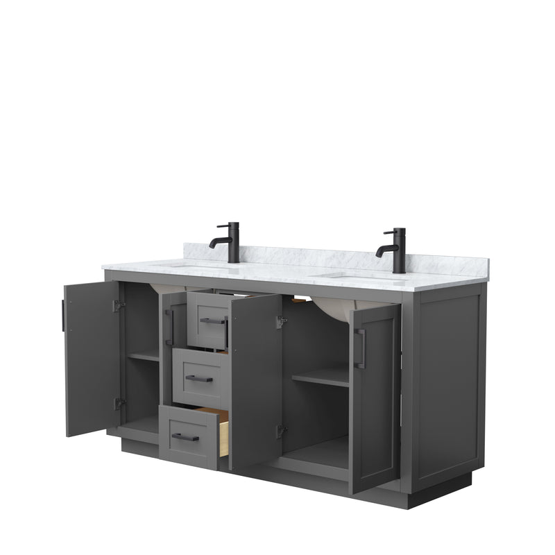 Wyndham Miranda 66" Double Bathroom Vanity In Dark Gray White Carrara Marble Countertop Undermount Square Sinks Matte Black Trim WCF292966DGBCMUNSMXX