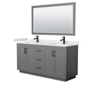 Wyndham Miranda 66" Double Bathroom Vanity In Dark Gray White Cultured Marble Countertop Undermount Square Sinks Matte Black Trim 58" Mirror WCF292966DGBWCUNSM58