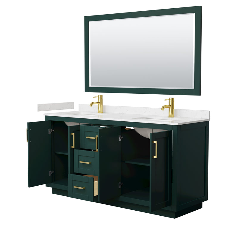 Wyndham Miranda 66" Double Bathroom Vanity In Green Light-Vein Carrara Cultured Marble Countertop Undermount Square Sinks Brushed Gold Trim 58" Mirror WCF292966DGDC2UNSM58