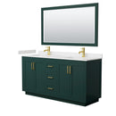 Wyndham Miranda 66" Double Bathroom Vanity In Green Light-Vein Carrara Cultured Marble Countertop Undermount Square Sinks Brushed Gold Trim 58" Mirror WCF292966DGDC2UNSM58