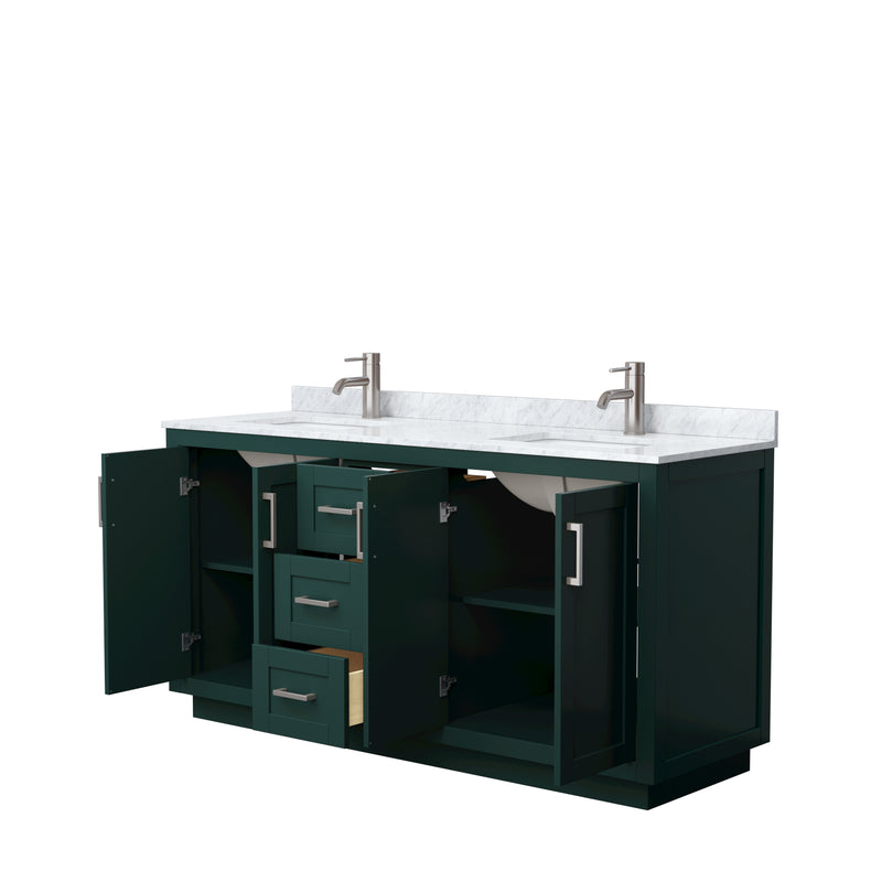 Wyndham Miranda 66" Double Bathroom Vanity In Green White Carrara Marble Countertop Undermount Square Sinks Brushed Nickel Trim WCF292966DGECMUNSMXX