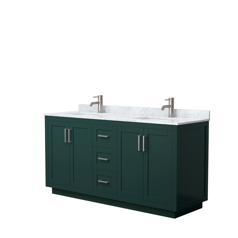 Wyndham Miranda 66" Double Bathroom Vanity In Green White Carrara Marble Countertop Undermount Square Sinks Brushed Nickel Trim WCF292966DGECMUNSMXX