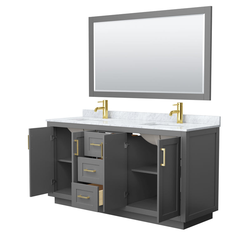 Wyndham Miranda 66" Double Bathroom Vanity In Dark Gray White Carrara Marble Countertop Undermount Square Sinks Brushed Gold Trim 58" Mirror WCF292966DGGCMUNSM58