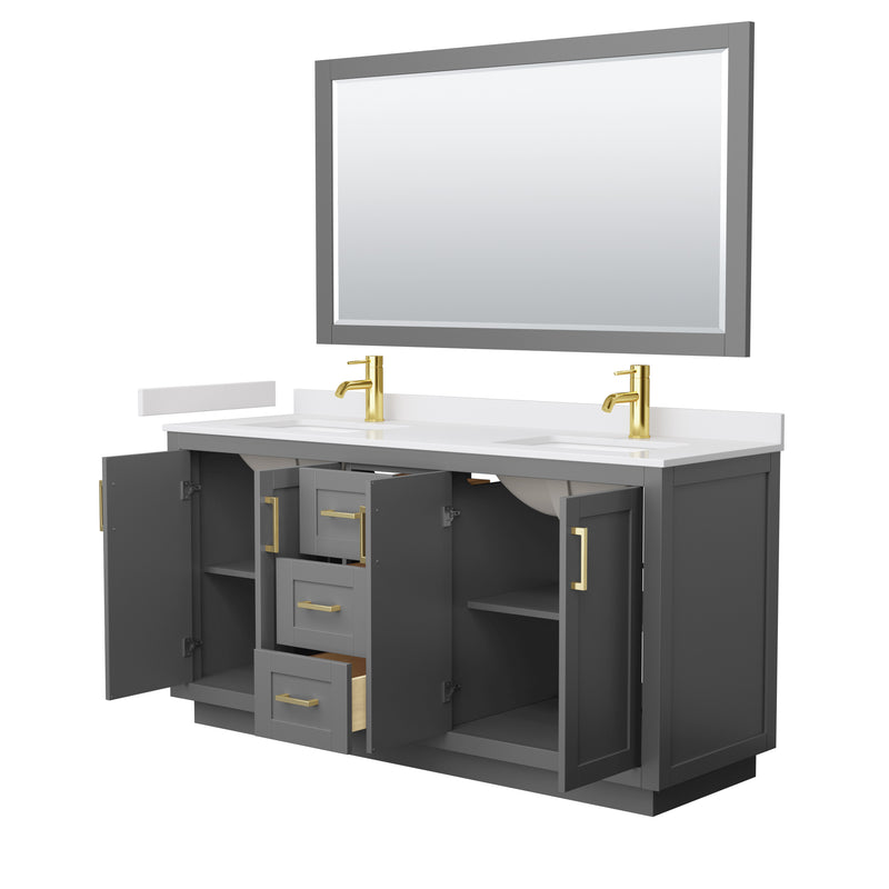 Wyndham Miranda 66" Double Bathroom Vanity In Dark Gray White Cultured Marble Countertop Undermount Square Sinks Brushed Gold Trim 58" Mirror WCF292966DGGWCUNSM58