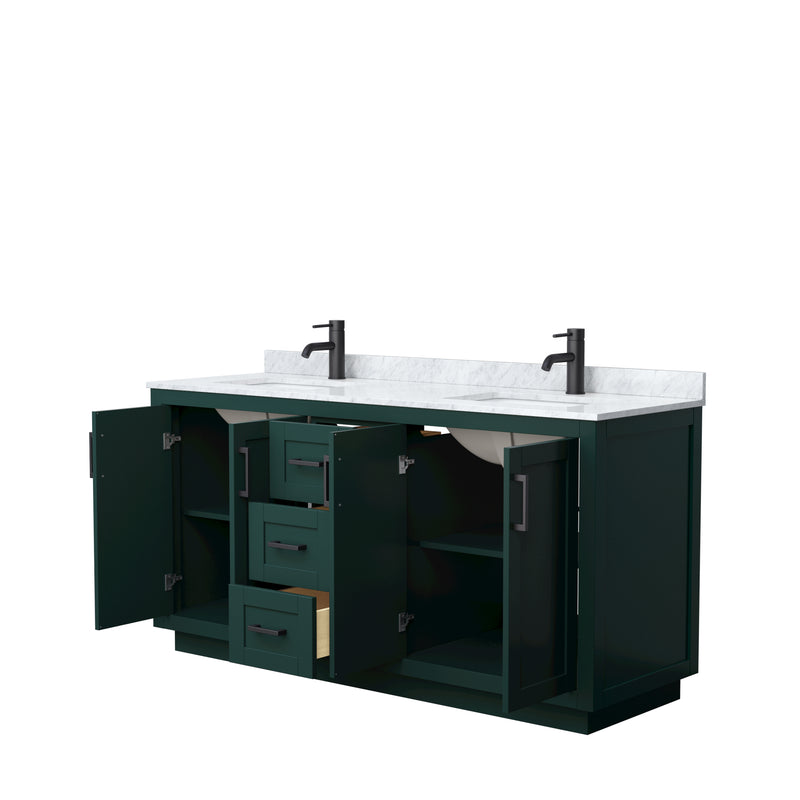 Wyndham Miranda 66" Double Bathroom Vanity In Green White Carrara Marble Countertop Undermount Square Sinks Matte Black Trim WCF292966DGKCMUNSMXX