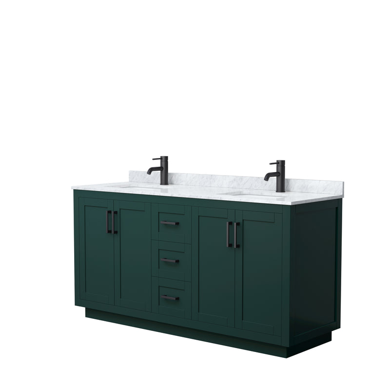 Wyndham Miranda 66" Double Bathroom Vanity In Green White Carrara Marble Countertop Undermount Square Sinks Matte Black Trim WCF292966DGKCMUNSMXX