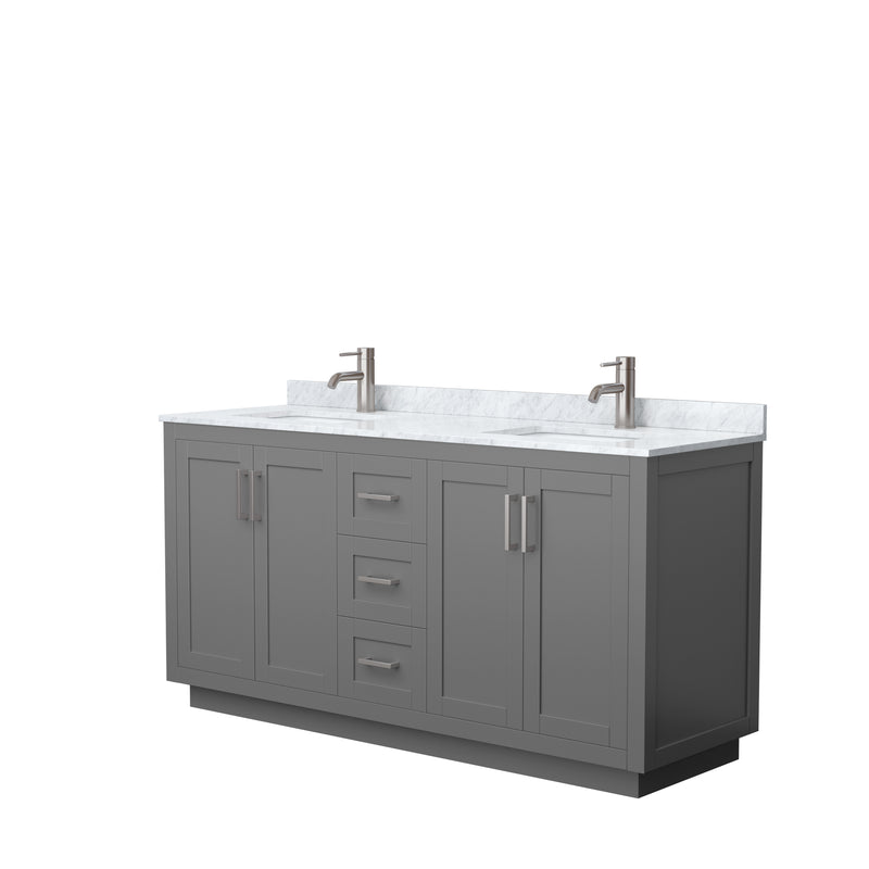 Wyndham Miranda 66" Double Bathroom Vanity In Dark Gray White Carrara Marble Countertop Undermount Square Sinks Brushed Nickel Trim WCF292966DKGCMUNSMXX