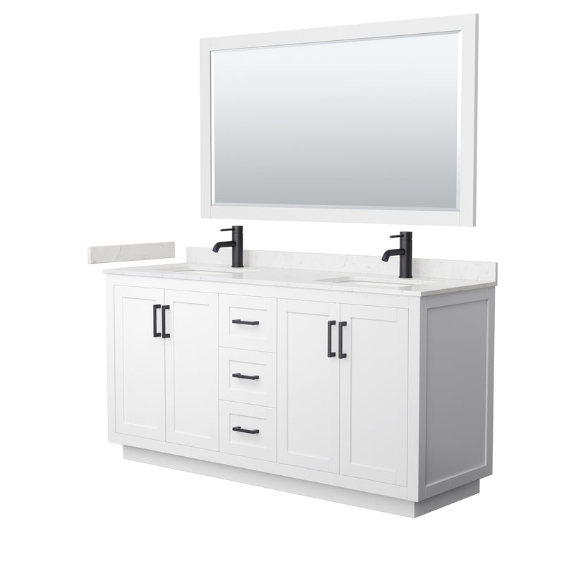 Wyndham Miranda 66" Double Bathroom Vanity In White Light-Vein Carrara Cultured Marble Countertop Undermount Square Sinks Matte Black Trim 58" Mirror WCF292966DWBC2UNSM58