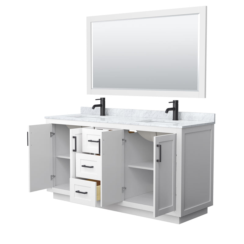 Wyndham Miranda 66" Double Bathroom Vanity In White White Carrara Marble Countertop Undermount Square Sinks Matte Black Trim 58" Mirror WCF292966DWBCMUNSM58