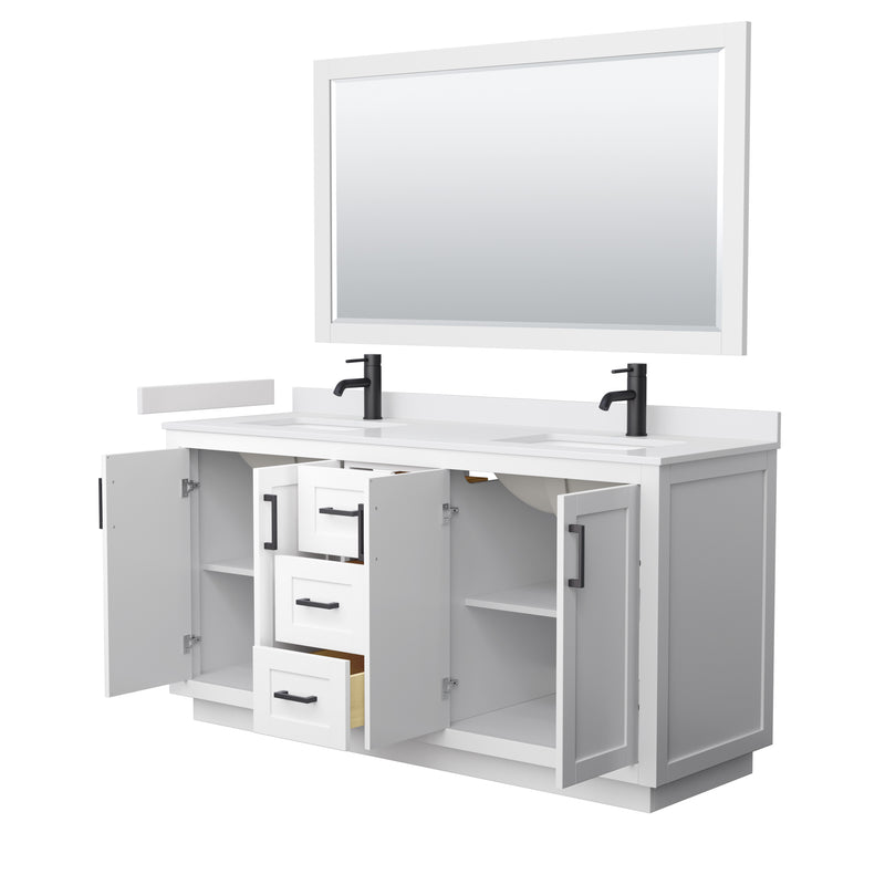 Wyndham Miranda 66" Double Bathroom Vanity In White White Cultured Marble Countertop Undermount Square Sinks Matte Black Trim 58" Mirror WCF292966DWBWCUNSM58