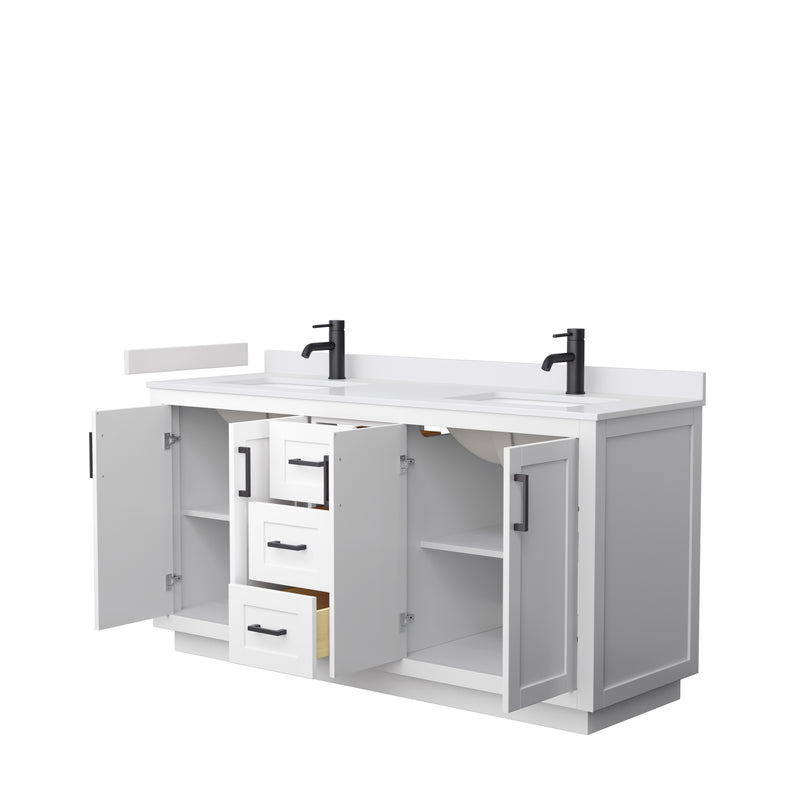 Wyndham Miranda 66" Double Bathroom Vanity In White White Cultured Marble Countertop Undermount Square Sinks Matte Black Trim WCF292966DWBWCUNSMXX