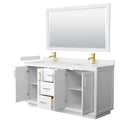 Wyndham Miranda 66" Double Bathroom Vanity In White Light-Vein Carrara Cultured Marble Countertop Undermount Square Sinks Brushed Gold Trim 58" Mirror WCF292966DWGC2UNSM58