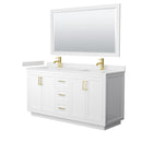 Wyndham Miranda 66" Double Bathroom Vanity In White Light-Vein Carrara Cultured Marble Countertop Undermount Square Sinks Brushed Gold Trim 58" Mirror WCF292966DWGC2UNSM58