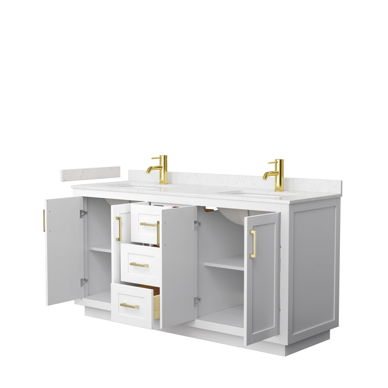 Wyndham Miranda 66" Double Bathroom Vanity In White Light-Vein Carrara Cultured Marble Countertop Undermount Square Sinks Brushed Gold Trim WCF292966DWGC2UNSMXX