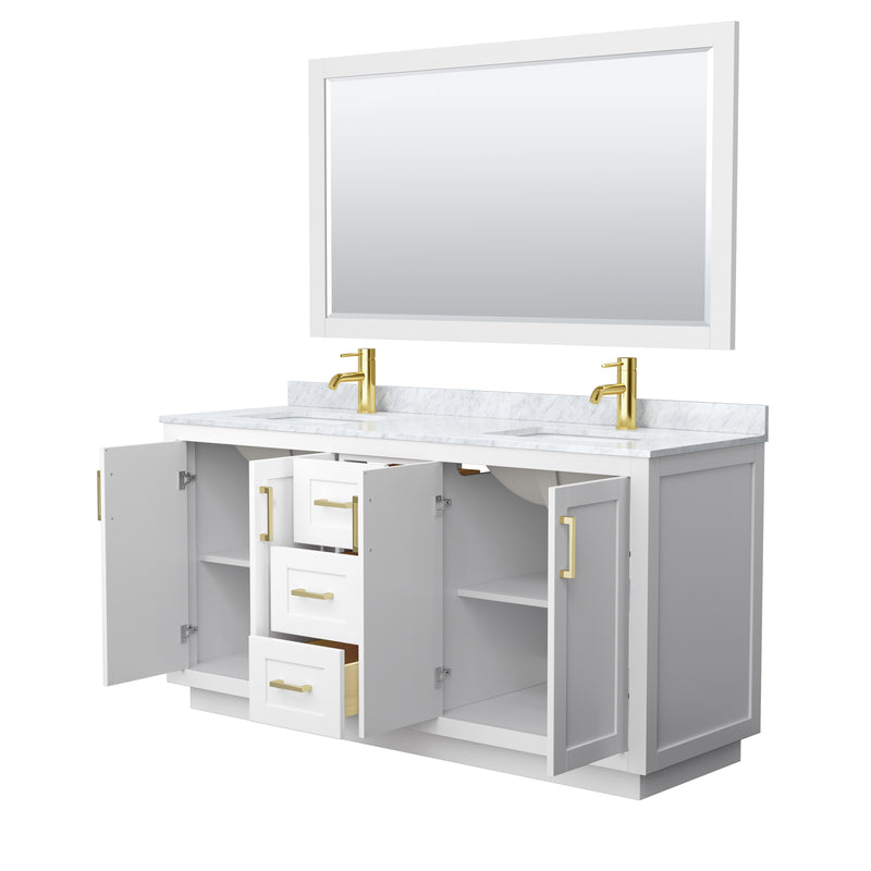 Wyndham Miranda 66" Double Bathroom Vanity In White White Carrara Marble Countertop Undermount Square Sinks Brushed Gold Trim 58" Mirror WCF292966DWGCMUNSM58