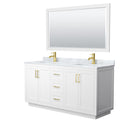 Wyndham Miranda 66" Double Bathroom Vanity In White White Carrara Marble Countertop Undermount Square Sinks Brushed Gold Trim 58" Mirror WCF292966DWGCMUNSM58