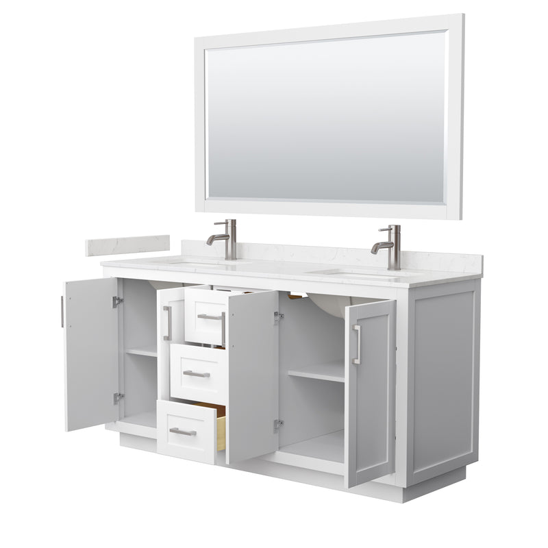 Wyndham Miranda 66" Double Bathroom Vanity In White Light-Vein Carrara Cultured Marble Countertop Undermount Square Sinks Brushed Nickel Trim 58" Mirror WCF292966DWHC2UNSM58