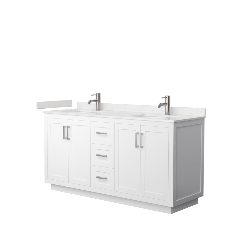 Wyndham Miranda 66" Double Bathroom Vanity In White Light-Vein Carrara Cultured Marble Countertop Undermount Square Sinks Brushed Nickel Trim WCF292966DWHC2UNSMXX