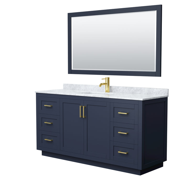 Wyndham Miranda 66" Single Bathroom Vanity In Dark Blue White Carrara Marble Countertop Undermount Square Sink Brushed Gold Trim 58" Mirror WCF292966SBLCMUNSM58