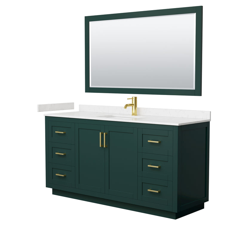 Wyndham Miranda 66" Single Bathroom Vanity In Green Light-Vein Carrara Cultured Marble Countertop Undermount Square Sink Brushed Gold Trim 58" Mirror WCF292966SGDC2UNSM58