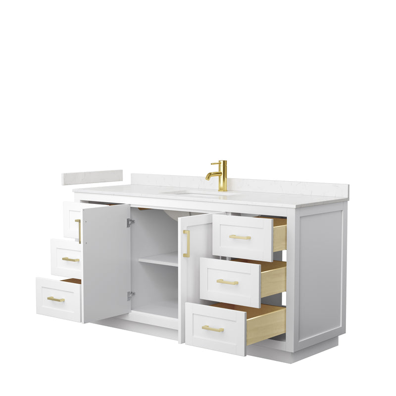 Wyndham Miranda 66" Single Bathroom Vanity In White Light-Vein Carrara Cultured Marble Countertop Undermount Square Sink Brushed Gold Trim WCF292966SWGC2UNSMXX