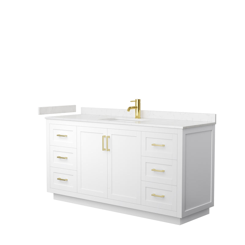 Wyndham Miranda 66" Single Bathroom Vanity In White Light-Vein Carrara Cultured Marble Countertop Undermount Square Sink Brushed Gold Trim WCF292966SWGC2UNSMXX