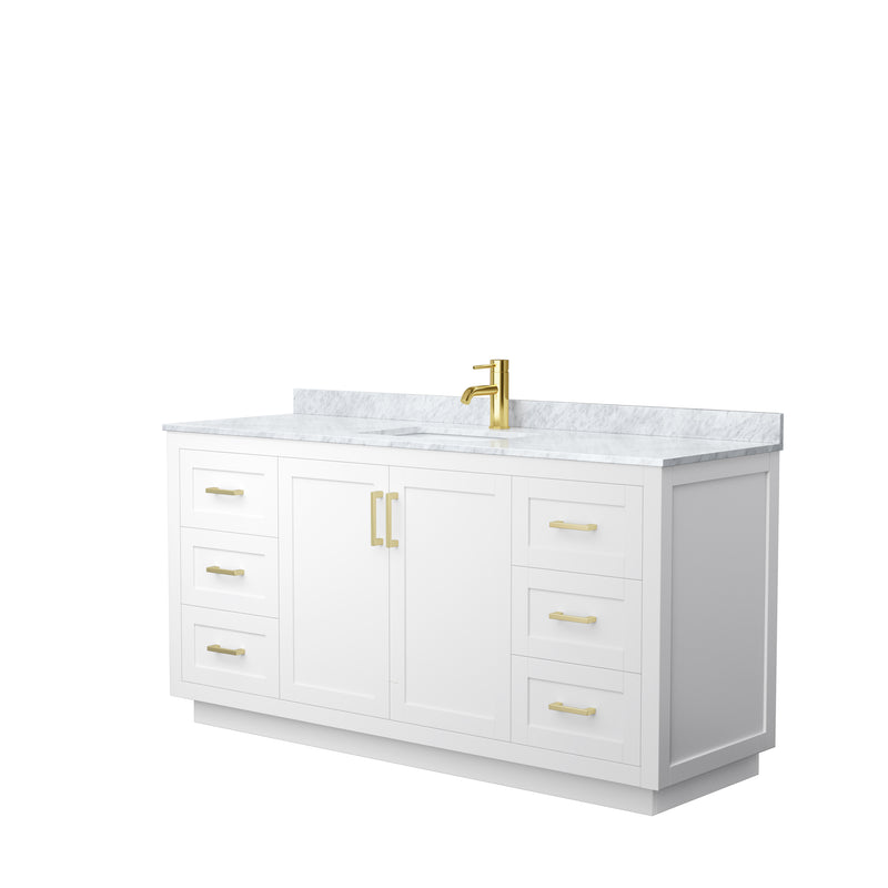 Wyndham Miranda 66" Single Bathroom Vanity In White White Carrara Marble Countertop Undermount Square Sink Brushed Gold Trim WCF292966SWGCMUNSMXX