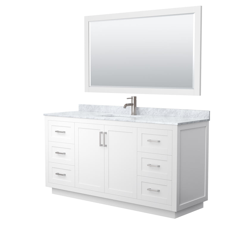 Wyndham Miranda 66" Single Bathroom Vanity In White White Carrara Marble Countertop Undermount Square Sink Brushed Nickel Trim 58" Mirror WCF292966SWHCMUNSM58