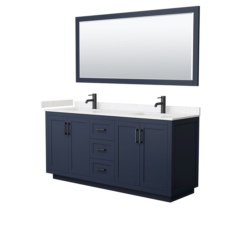 Wyndham Miranda 72" Double Bathroom Vanity In Dark Blue Light-Vein Carrara Cultured Marble Countertop Undermount Square Sinks Black Trims And 70" Mirror WCF292972DBBC2UNSM70