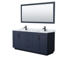 Wyndham Miranda 72" Double Bathroom Vanity In Dark Blue White Carrara Marble Countertop Undermount Square Sinks Black Trims And 70" Mirror WCF292972DBBCMUNSM70