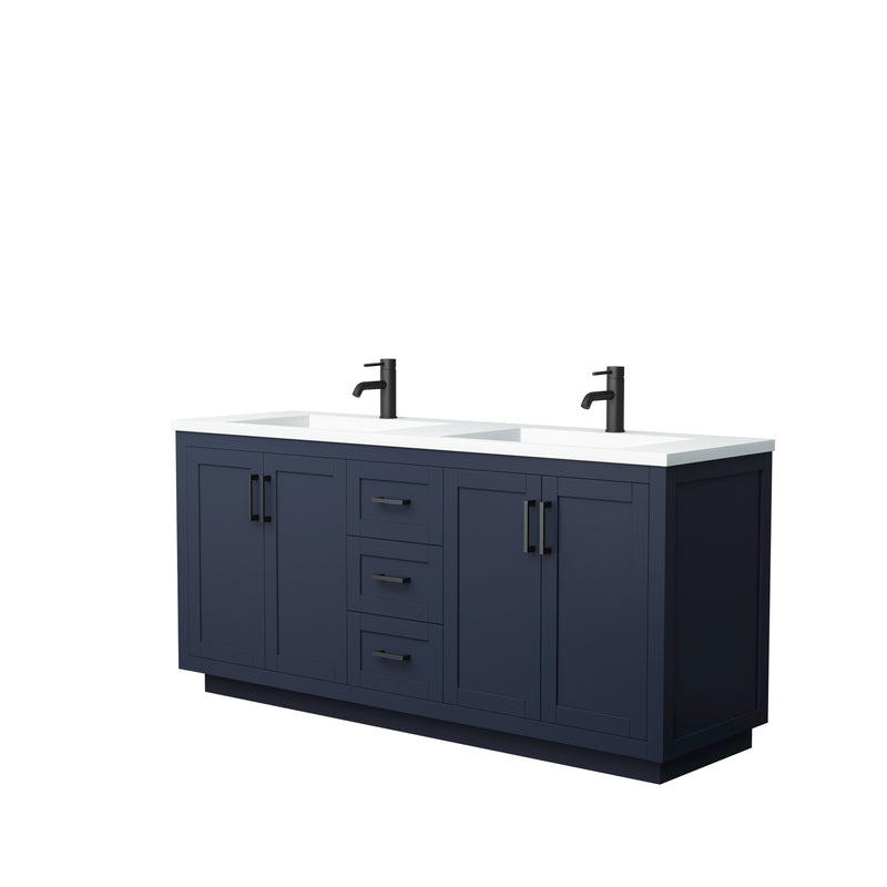 Wyndham Miranda 72" Double Bathroom Vanity In Dark Blue Matte White Solid Surface In 1.25" Thickness Integrated Sinks Black Trims And No Mirror WCF292972DBBK1INTMXX