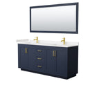 Wyndham Miranda 72" Double Bathroom Vanity In Dark Blue Light-Vein Carrara Cultured Marble Countertop Undermount Square Sinks Brushed Gold Trims And 70" Mir WCF292972DBLC2UNSM70