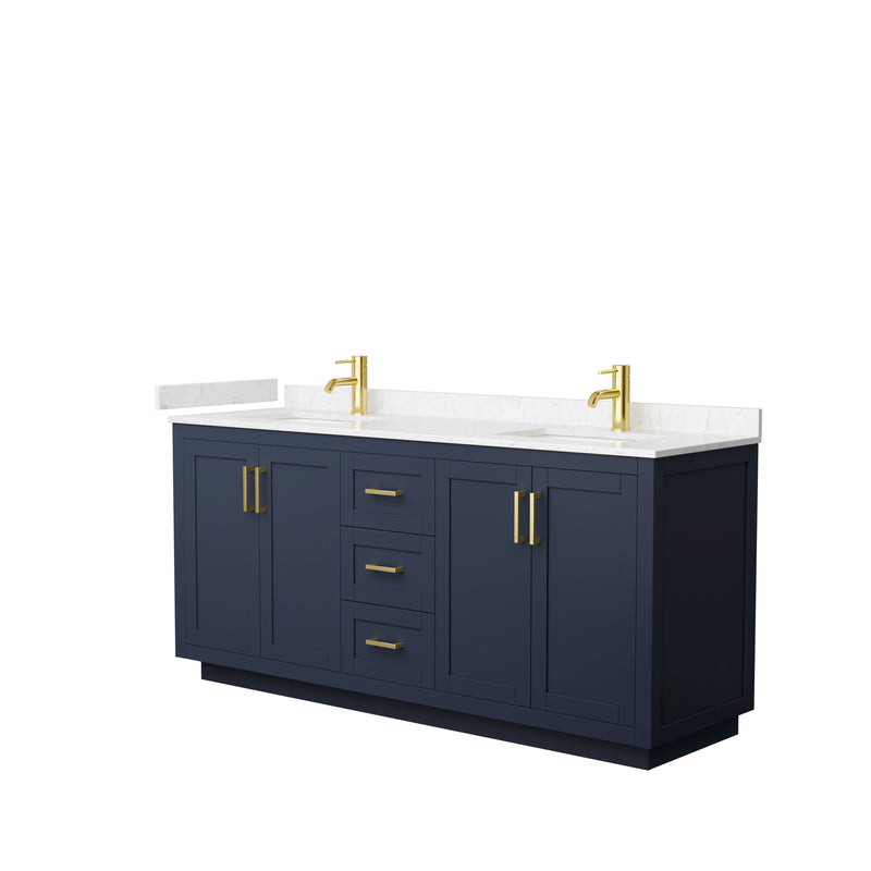 Wyndham Miranda 72" Double Bathroom Vanity In Dark Blue Light-Vein Carrara Cultured Marble Countertop Undermount Square Sinks Brushed Gold Trims And No Mirr WCF292972DBLC2UNSMXX