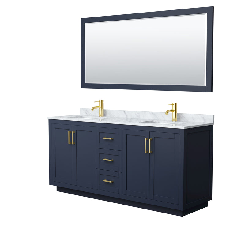 Wyndham Miranda 72" Double Bathroom Vanity In Dark Blue White Carrara Marble Countertop Undermount Square Sinks Brushed Gold Trims And 70" Mirror WCF292972DBLCMUNSM70