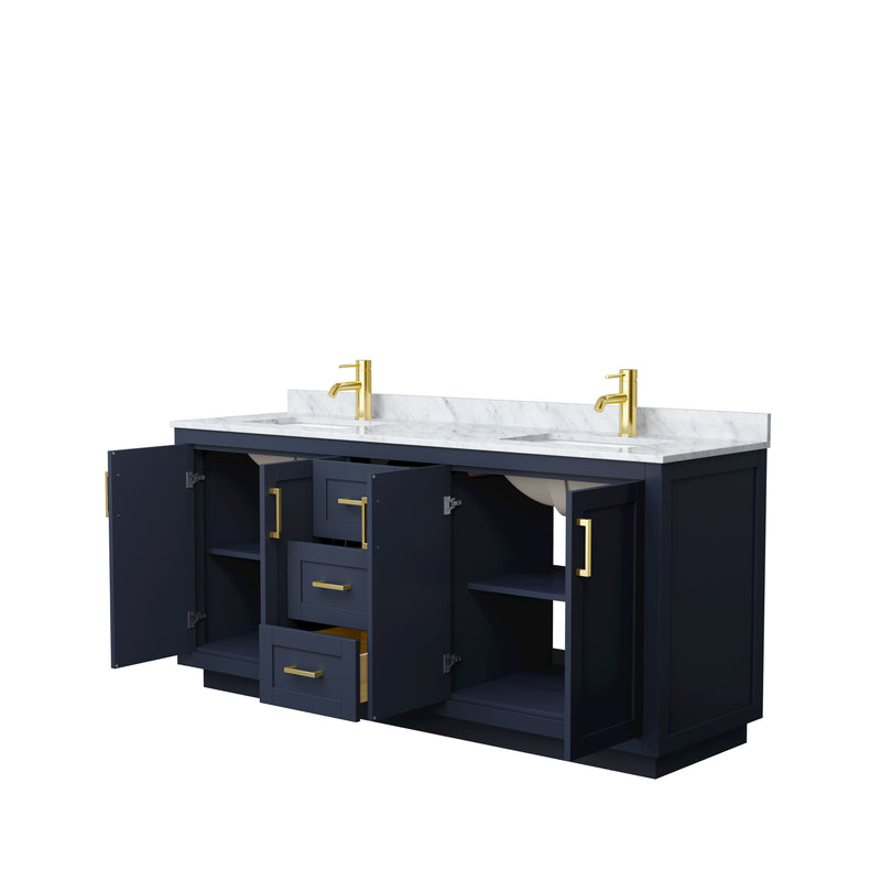 Wyndham Miranda 72" Double Bathroom Vanity In Dark Blue White Carrara Marble Countertop Undermount Square Sinks Brushed Gold Trims and No Mirror WCF292972DBLCMUNSMXX