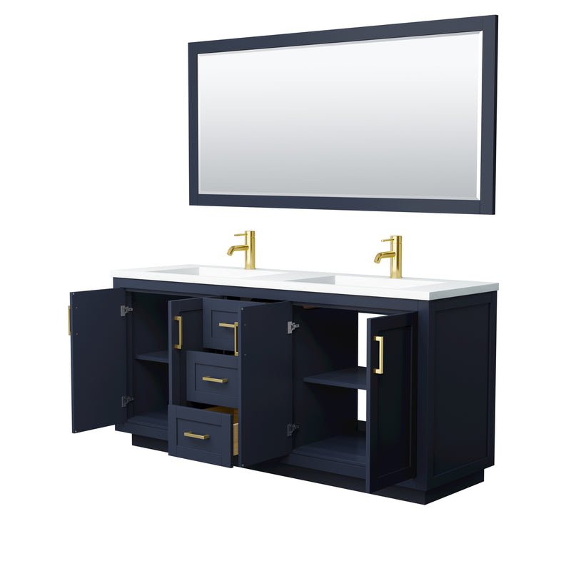 Wyndham Miranda 72" Double Bathroom Vanity In Dark Blue Matte White Solid Surface In 1.25" Thickness Integrated Sinks Brushed Gold Trims and 70" Mirror WCF292972DBLK1INTM70