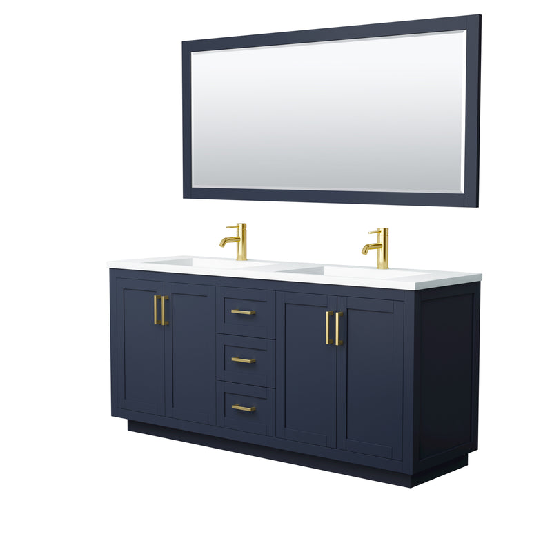 Wyndham Miranda 72" Double Bathroom Vanity In Dark Blue Matte White Solid Surface In 1.25" Thickness Integrated Sinks Brushed Gold Trims And 70" Mirror WCF292972DBLK1INTM70