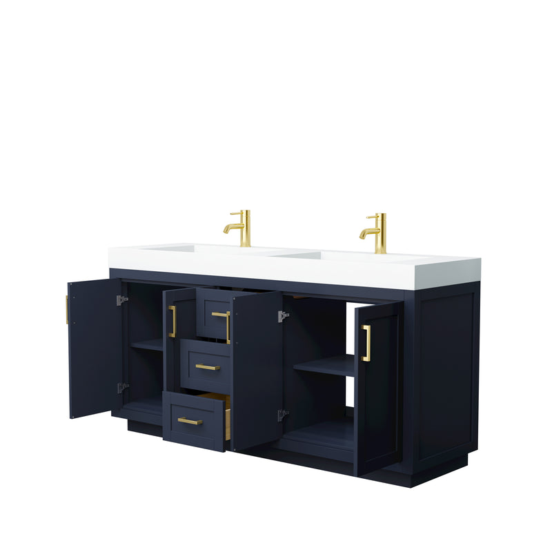 Wyndham Miranda 72" Double Bathroom Vanity In Dark Blue Matte White Solid Surface In 4" Thickness Integrated Sinks Brushed Gold Trims and No Mirror WCF292972DBLK4INTMXX