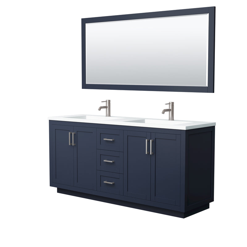 Wyndham Miranda 72" Double Bathroom Vanity In Dark Blue Matte White Solid Surface In 1.25" Thickness Integrated Sinks Brushed Nickel Trims And 70" Mirror WCF292972DBNK1INTM70