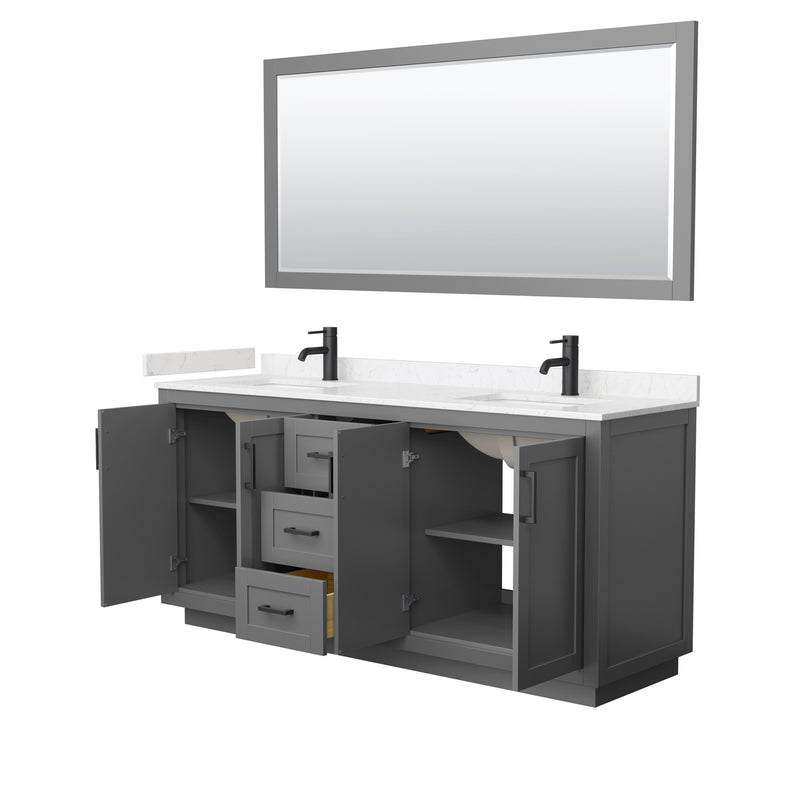 Wyndham Miranda 72" Double Bathroom Vanity In Dark Gray Light-Vein Carrara Cultured Marble Countertop Undermount Square Sinks Black Trims and 70" Mirror WCF292972DGBC2UNSM70