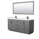 Wyndham Miranda 72" Double Bathroom Vanity In Dark Gray Light-Vein Carrara Cultured Marble Countertop Undermount Square Sinks Black Trims And 70" Mirror WCF292972DGBC2UNSM70