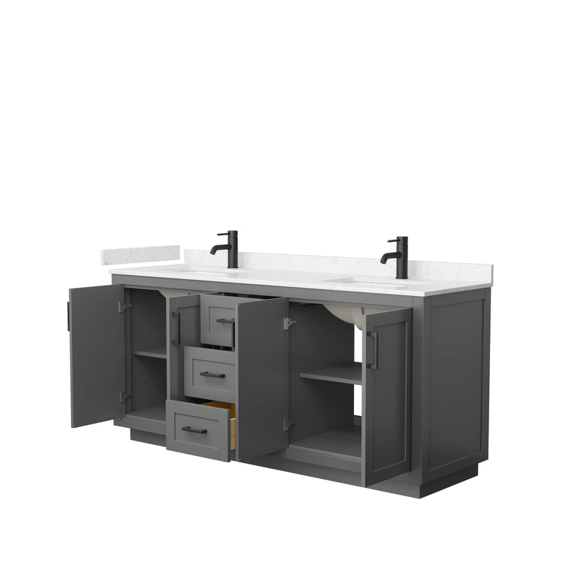 Wyndham Miranda 72" Double Bathroom Vanity In Dark Gray Light-Vein Carrara Cultured Marble Countertop Undermount Square Sinks Black Trims and No Mirror WCF292972DGBC2UNSMXX