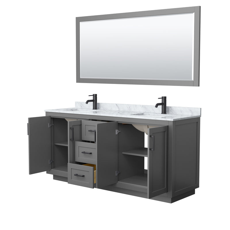 Wyndham Miranda 72" Double Bathroom Vanity In Dark Gray White Carrara Marble Countertop Undermount Square Sinks Black Trims and 70" Mirror WCF292972DGBCMUNSM70